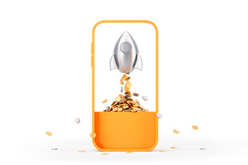 Poster - rocket launching from smartphone with coins pouring out. 3d rendering