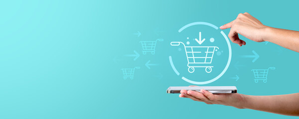 Poster - online shopping concept with holographic cart on mobile device.