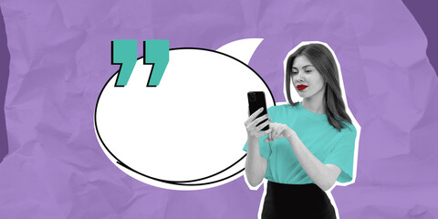 Poster - Woman holding smartphone with speech bubble on purple background
