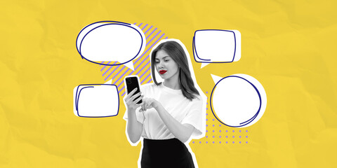 Poster - Woman using smartphone with empty speech bubbles on yellow backg