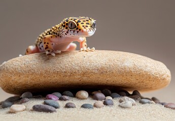 Poster - Leopard gecko perched on a smooth stone among small colorful pebbles in a sandy environment perfect for nature and wildlife photography