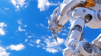 Poster - Robotic Arm Reaching Towards Clouds in a Blue Sky Background