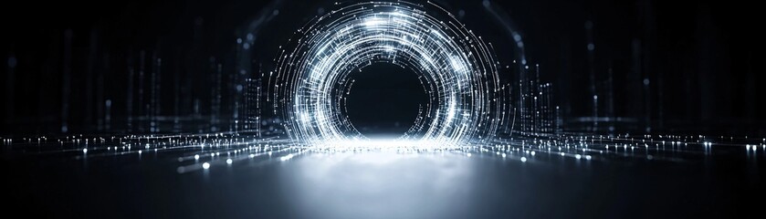Poster - ethereal portal floating in an endless void, surrounded by cascading light ribbons, gravitational di