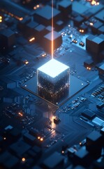 Poster - Glowing Cube on Circuit Board: Abstract Technology Background