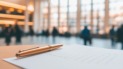 Poster - A pen rests on a sheet of paper in a spacious, busy environment with blurred figures in the background, suggesting a professional or academic setting.