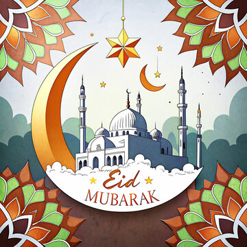 Eid mubarak greeting card background design. Origami Design Paper Craft Happy Eid Mubarak Ramadan Background.