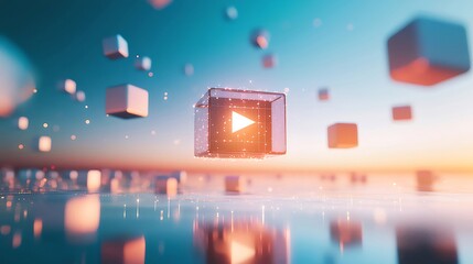 Poster - Floating Play Button Among Glowing Cubes in a Futuristic Landscape