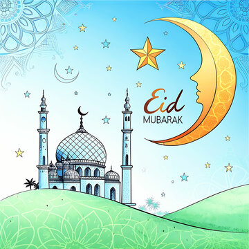 Eid mubarak greeting card background design. Origami Design Paper Craft Happy Eid Mubarak Ramadan Background.