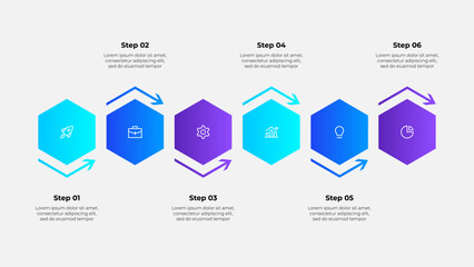 Poster - Modern hexagonal infographic depicting a six-step business process, featuring icons for innovation, data, planning, and success. Perfect for illustrating organization goals and systematic workflows