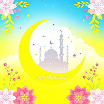 Eid mubarak greeting card background design. Origami Design Paper Craft Happy Eid Mubarak Ramadan Background.