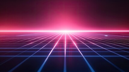 Poster - Futuristic Neon Grid Landscape with Vibrant Light Horizon