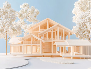 Fototapete - A modern architectural model of a house surrounded by trees, showcasing a unique design with wooden elements against a light blue background