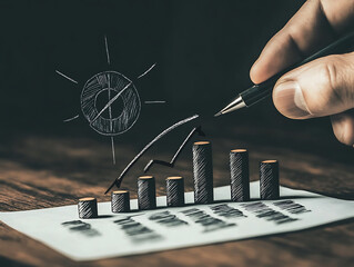 Poster - A hand is sketching a rising graph on paper, symbolizing growth and progress in business or finance