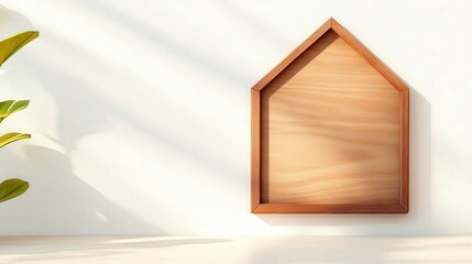 Poster - A minimalist wooden display shaped like a house, set against a bright wall with soft shadows and hints of greenery.