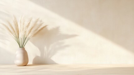 Poster - A serene vase with pampas grass casts soft shadows against a neutral wall, creating a minimalist and calming atmosphere.