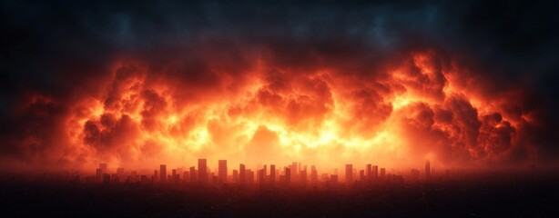 Poster - Fiery Skyline at Dusk Over Cityscape with Dramatic Clouds and Flames