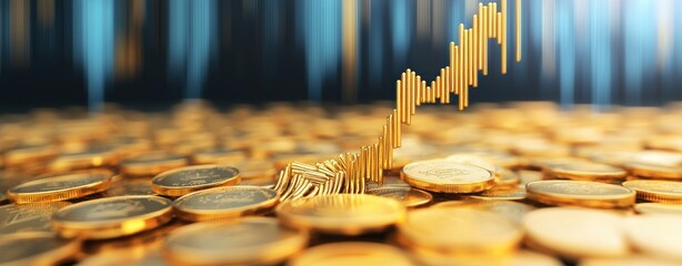 Poster - Golden Coins with Rising Graph Trend on a Blurred Background