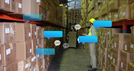 Poster - Managing inventory, warehouse worker using chat bubble animation for communication