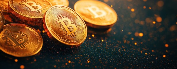 Poster - Close-Up of Bitcoin Coins with Sparkling Background Effects