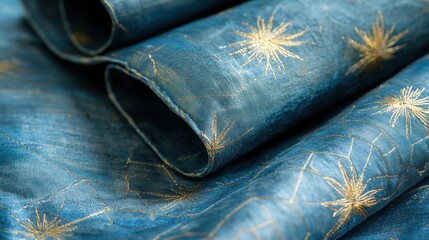 Aufkleber - Elegant Blue Fabric with Golden Star Patterns for Textiles