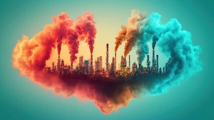 Poster - Double Exposure of City Skyline Shrouded in Colorful Smoky Haze