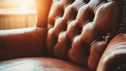 Poster - Elegant brown leather armchair with tufted design in soft light