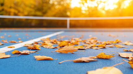 Wall Mural - dry autumn leaves lying on a blue tennis court, illuminated by golden hour sunlight, creating a sere