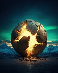 Poster - Glowing Cracked Sphere in a Mystical Landscape at Dusk