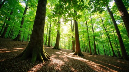 Poster - A mesmerizing view of a thick woodland, where sunlight seeps through foliage, creating speckled patterns on ground and beckoning observers to immerse themselves in essence of natural world