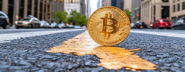 Poster - Golden Bitcoin Coin on Urban Street with Cityscape in Background