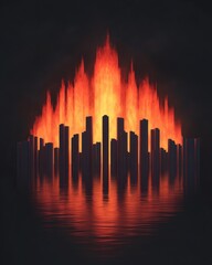 Aufkleber - Abstract Cityscape with Fiery Flames and Reflective Water Surface