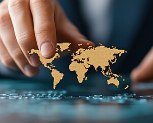 Aufkleber - Hand Placing Golden World Map on Digital Surface with Technology Theme