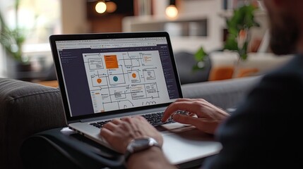 person working on a laptop with a detailed user flowchart or website sitemap
