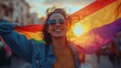 © ezen - Joyful woman holding pride flag at sunset parade (1)