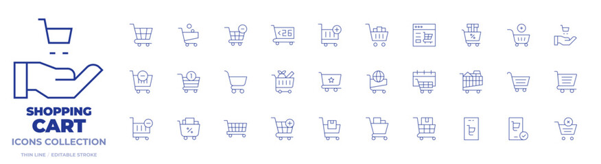 Shopping cart icons collection. Thin Line icons, editable stroke. delivery box, shopping, market research, sales, trolley, online shopping, cart, add to cart