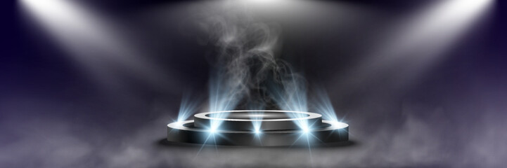 Aufkleber - Illuminated podium with spotlights and smoke dark background for award, event, or presentation.	
