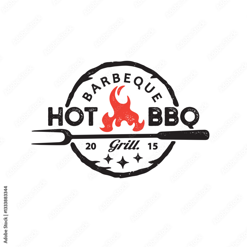 Vintage grill barbeque barbecue bbq with fork fire flame badge rustic ...