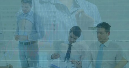 Poster - In school, animation showing business professionals working with financial data charts