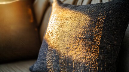 Poster - Textured Pillow with Warm Light on a Soft Couch in Natural Setting