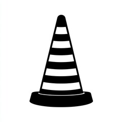Poster - Traffic cone black vector line icon, simple design representing warning and safety on roadways on a solid white backdrop.