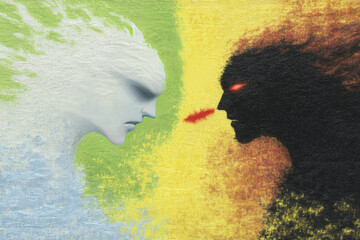 Aufkleber - surreal painting depicts two abstract faces in profile, one light and one dark, facing each other with intense expressions. background features contrasting colors, enhancing tension