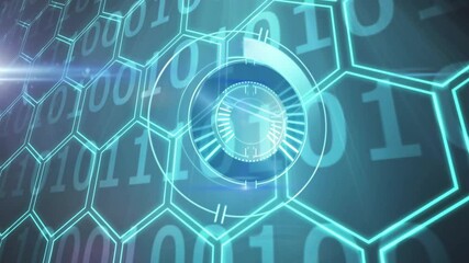 Poster - Digital clock animation over binary code and hexagonal network pattern