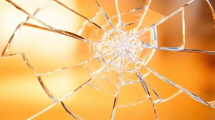 Aufkleber - A close-up view of a shattered glass with intricate cracks, illuminated by a warm, glowing background.
