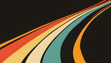 Wall Mural - Colorful Retro Lines: An eye-catching retro design features vibrant, flowing lines in various colors against a black backdrop, creating a sense of movement and dynamism.