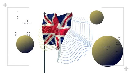 Poster - waving union jack flag with animation of abstract geometric shapes in background