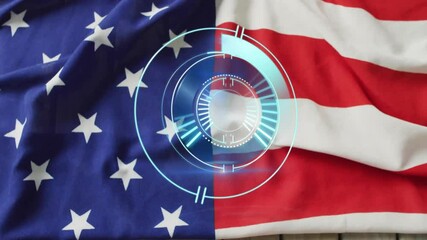 Poster - American flag with digital target animation overlay on wooden surface