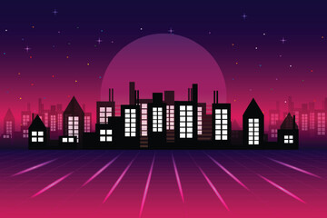 Fototapete - Retro cyberpunk style 80s game scene pixel art 8-bit sci-fi background. glowing neon grid and stars from vintage arcade computer games.