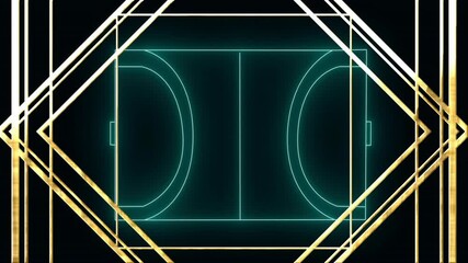 Poster - geometric gold shapes overlaying neon basketball court lines in animation design