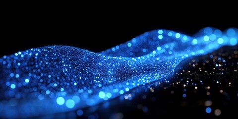 Poster - Glowing blue particles create a shimmering river effect in a dark environment