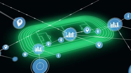 Poster - Animation of digital data icons overlaying glowing green sports field at school